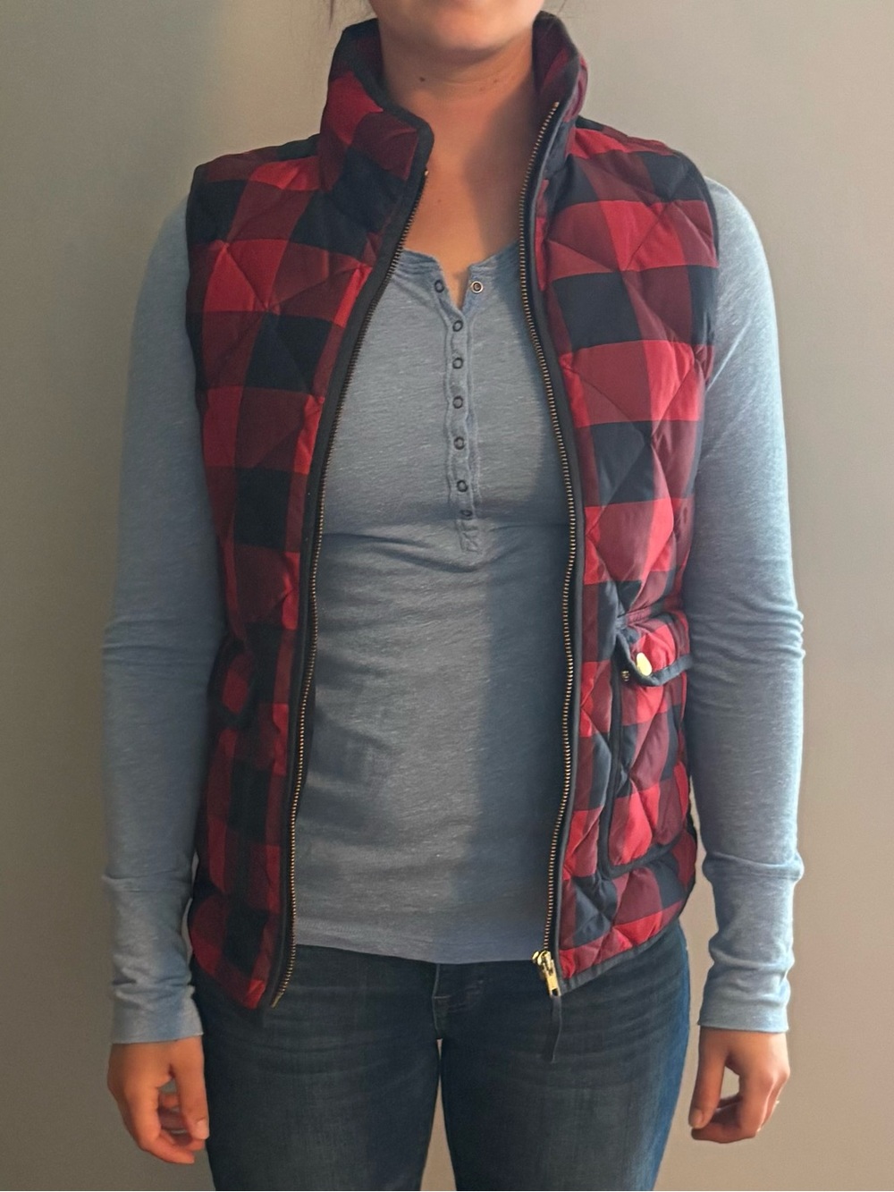 J. Crew Red & Navy Quilted Buffalo-Check Vest